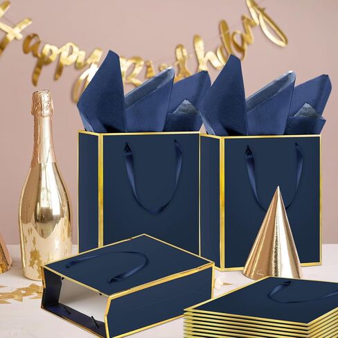12 Pack DIY Metallic Paper ، شكرًا لك أكياس هدايا مع مقابض ، ورق الأنسجة وأقلام الطلاء ، 9 "x7" x3 "5 أكياس هدايا مع ملصقات له وله ، مناسبة لأعياد الميلاد وحفلات الزفاف والاستحمام الصغير والعطلات وغيرها من المناسبات (الأزرق البحري ، الذهب) in Kuwait