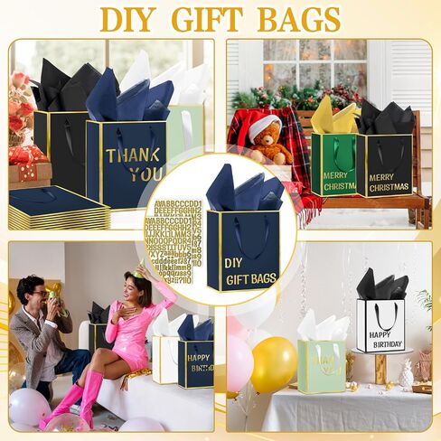 12 Pack DIY Metallic Paper Thank You Gift Bags With Handles, Tissue Paper and Painting Pens, 9"x7"x3" 5 Senses Gift Bags With Labels for Him and Her, Suitable for Birthdays, Weddings, Baby Showers, Holidays and Other Occasions (Navy Blue, Gold) in Saudi Arabia