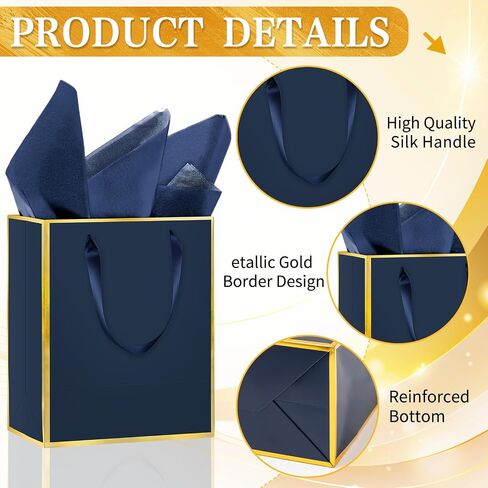 12 Pack DIY Metallic Paper ، شكرًا لك أكياس هدايا مع مقابض ، ورق الأنسجة وأقلام الطلاء ، 9 "x7" x3 "5 أكياس هدايا مع ملصقات له وله ، مناسبة لأعياد الميلاد وحفلات الزفاف والاستحمام الصغير والعطلات وغيرها من المناسبات (الأزرق البحري ، الذهب) in Kuwait