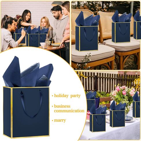 12 Pack DIY Metallic Paper ، شكرًا لك أكياس هدايا مع مقابض ، ورق الأنسجة وأقلام الطلاء ، 9 "x7" x3 "5 أكياس هدايا مع ملصقات له وله ، مناسبة لأعياد الميلاد وحفلات الزفاف والاستحمام الصغير والعطلات وغيرها من المناسبات (الأزرق البحري ، الذهب) in Kuwait