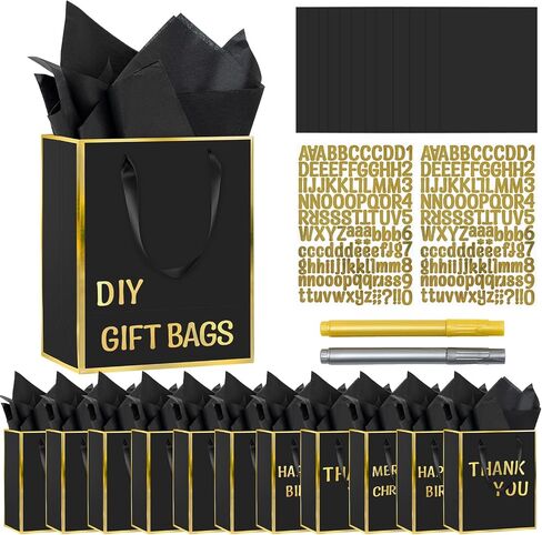 12 Pack DIY Metallic Paper Thank You Gift Bags With Handles, Tissue Paper and Painting Pens, 9"x7"x3" 5 Senses Gift Bags With Labels for Him and Her, Suitable for Birthdays, Weddings, Baby Showers, Holidays and Other Occasions (Navy Blue, Gold) in Saudi Arabia