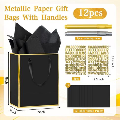 12 Pack DIY Metallic Paper Thank You Gift Bags With Handles, Tissue Paper and Painting Pens, 9"x7"x3" 5 Senses Gift Bags With Labels for Him and Her, Suitable for Birthdays, Weddings, Baby Showers, Holidays and Other Occasions (Navy Blue, Gold) in Saudi Arabia