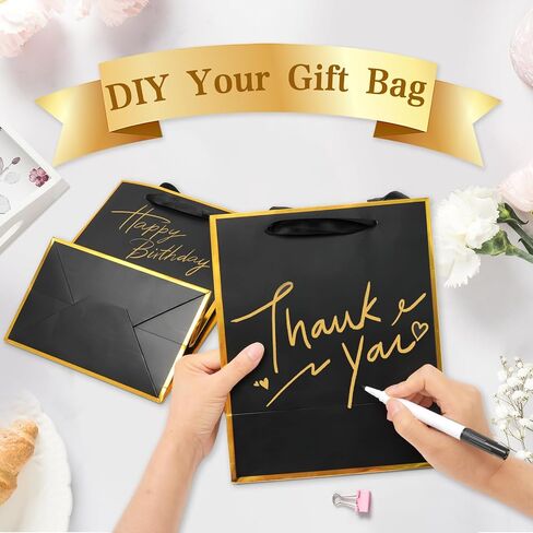 12 Pack DIY Metallic Paper Thank You Gift Bags With Handles, Tissue Paper and Painting Pens, 9"x7"x3" 5 Senses Gift Bags With Labels for Him and Her, Suitable for Birthdays, Weddings, Baby Showers, Holidays and Other Occasions (Navy Blue, Gold) in Saudi Arabia