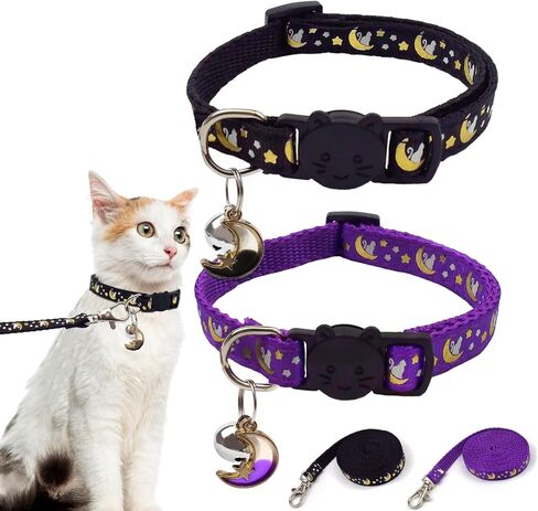 2 PCS Breakaway Cat Collars with Bells Star Moon Pendant Kitten Collar Adjustable Buckle Glow in The Dark with Leash for Pet Girls and Boys 8-13 Inch in Saudi Arabia