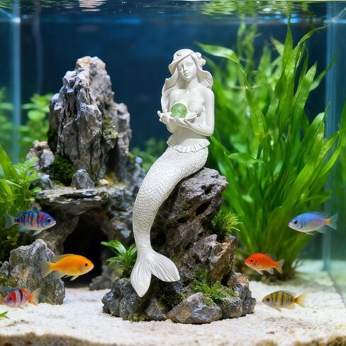 Teaeno Mermaid Fish Tank Decorations ، House Ornament Kit ، Decorium Decor ، تمثال ديكور حورية البحر الساحرة ، الحلي المواضيعية للديكورات المائية (أبيض) in Kuwait