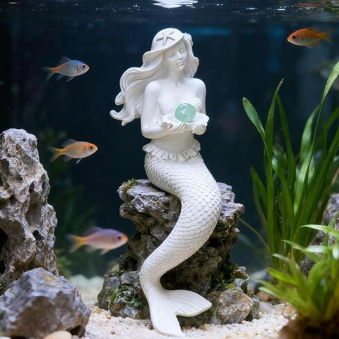 Teaeno Mermaid Fish Tank Decorations ، House Ornament Kit ، Decorium Decor ، تمثال ديكور حورية البحر الساحرة ، الحلي المواضيعية للديكورات المائية (أبيض) in Kuwait