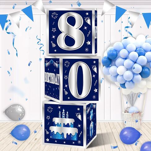 3 Packs Blue Silver 80th Birthday Decorations Boxes for Men, Blue Navy Happy 80 Birthday Balloons Boxes Party Supplies, Eighty Years Old Bday Cardboard Box Decoration in Kuwait