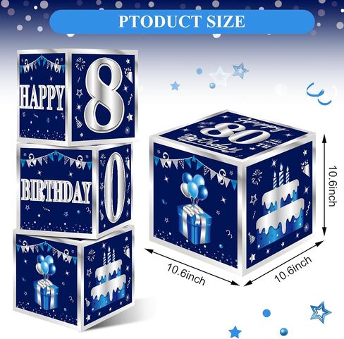 3 Packs Blue Silver 80th Birthday Decorations Boxes for Men, Blue Navy Happy 80 Birthday Balloons Boxes Party Supplies, Eighty Years Old Bday Cardboard Box Decoration in Kuwait