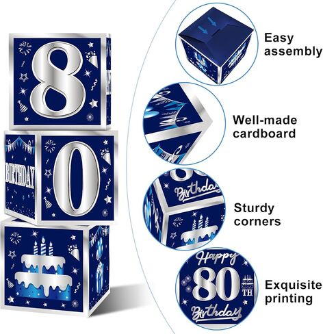 3 Packs Blue Silver 80th Birthday Decorations Boxes for Men, Blue Navy Happy 80 Birthday Balloons Boxes Party Supplies, Eighty Years Old Bday Cardboard Box Decoration in Kuwait