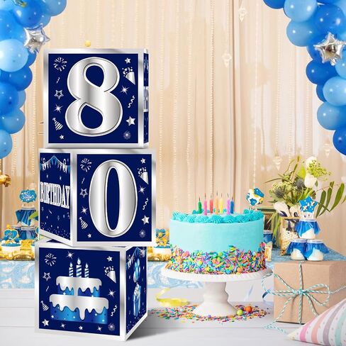 3 Packs Blue Silver 80th Birthday Decorations Boxes for Men, Blue Navy Happy 80 Birthday Balloons Boxes Party Supplies, Eighty Years Old Bday Cardboard Box Decoration in Kuwait