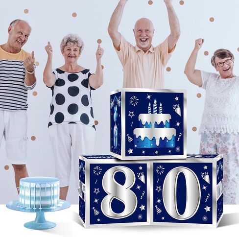 3 Packs Blue Silver 80th Birthday Decorations Boxes for Men, Blue Navy Happy 80 Birthday Balloons Boxes Party Supplies, Eighty Years Old Bday Cardboard Box Decoration in Kuwait