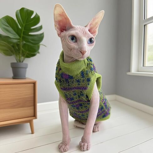 SPHYNX Cat Winter Sweater ، ملابس الحيوانات الأليفة الناعمة الدافئة ، للقطط الخالية من الشعر ، كورنيش ريكس ، ديفون ريكس (أخضر ، xxl (9.5-12 رطل)) in Kuwait