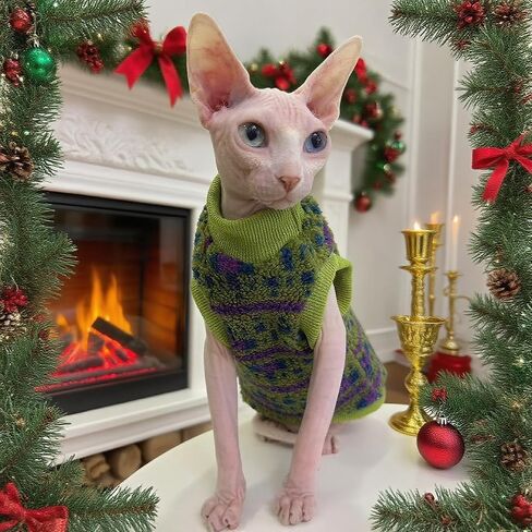 SPHYNX Cat Winter Sweater ، ملابس الحيوانات الأليفة الناعمة الدافئة ، للقطط الخالية من الشعر ، كورنيش ريكس ، ديفون ريكس (أخضر ، xxl (9.5-12 رطل)) in Kuwait