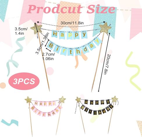 3Pcs Happy Birthday Cake Banner Personalized Cakes Topper Happy Birthday Cake Topper Multicolor Flags Sign & Garland for Cakes Cupcakes Party Supplies in Saudi Arabia