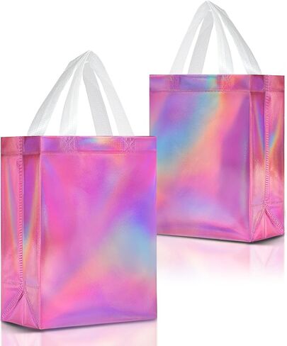 Nush Nush Pink Iridescent Gift Bags Medium Size – Set of 12 Holographic Pink Gift Bags With Handles - Reusable Goodie Bag for Bridal Shower Gifts, Birthday Party Favor, Baby Shower - 8x4x10 in Saudi Arabia