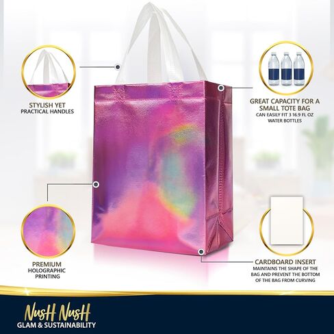 Nush Nush Pink Iridescent Gift Bags Medium Size – Set of 12 Holographic Pink Gift Bags With Handles - Reusable Goodie Bag for Bridal Shower Gifts, Birthday Party Favor, Baby Shower - 8x4x10 in Saudi Arabia