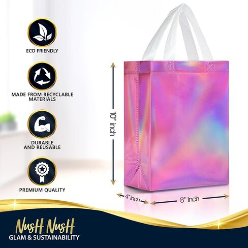 Nush Nush Pink Iridescent Gift Bags Medium Size – Set of 12 Holographic Pink Gift Bags With Handles - Reusable Goodie Bag for Bridal Shower Gifts, Birthday Party Favor, Baby Shower - 8x4x10 in Saudi Arabia