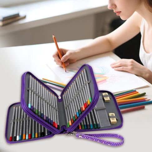 Large Capacity Colored Pencil Case - 75 Slots PU leather with Zipper Closure Portable Organizer for Watercolor Pencils Ideal for Artists for Artists (Purple) in Kuwait