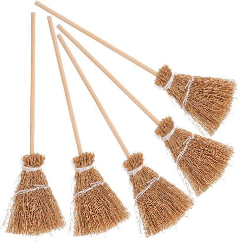 Garneck 5pcs Miniature Witch Broomstick Set Halloween Mini Hand Broom Wooden Dollhouse Furniture Decor in Saudi Arabia