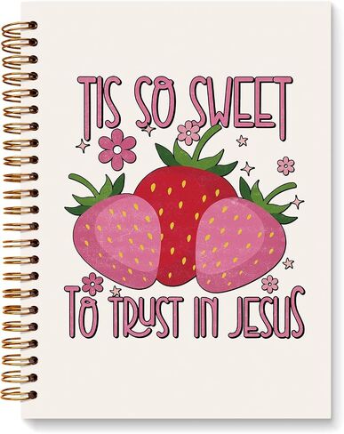 JXREQ Pink Strawberry Christian Bible Journal Notebook, Prayer Journal for Women, Scripture Journal, Church Notes Notebooks, Tis So Sweet to Trust Jesus 5.5x8.3 in Saudi Arabia