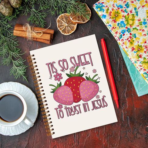 JXREQ Pink Strawberry Christian Bible Journal Notebook, Prayer Journal for Women, Scripture Journal, Church Notes Notebooks, Tis So Sweet to Trust Jesus 5.5x8.3 in Saudi Arabia