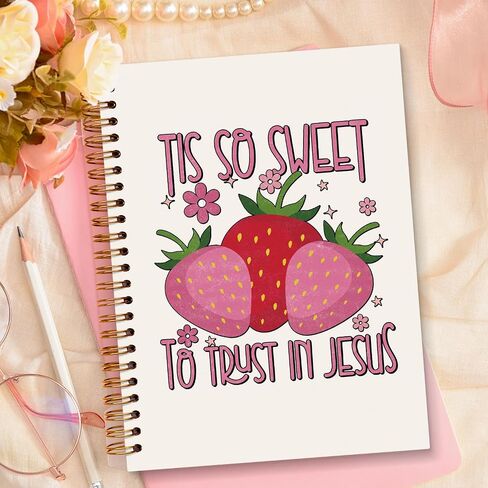 JXREQ Pink Strawberry Christian Bible Journal Notebook, Prayer Journal for Women, Scripture Journal, Church Notes Notebooks, Tis So Sweet to Trust Jesus 5.5x8.3 in Saudi Arabia