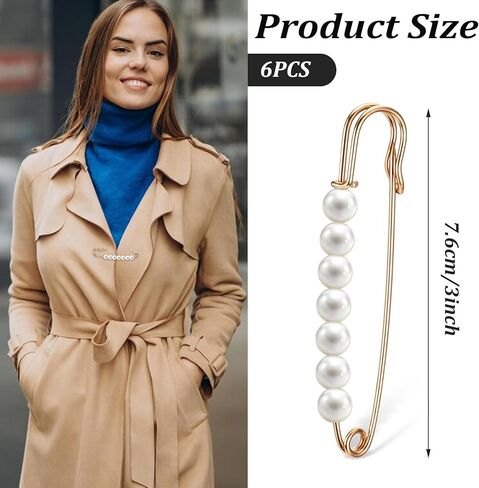 6pcs دبابيس بروش لؤلؤة للنساء ، دبابيس أمان كبيرة ، دبابيس زخرفية للنساء زفاف ، دبوس أمان صغير للملابس قميص سترة الحجاب ، فساتين السراويل القبعات in Kuwait