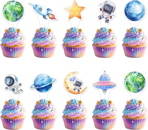 27pcs Space Space Artherse Cupcake Toppers - Rocket Planet Trip to the Moon Cupcake تختار الزخارف ، استحمام الطفل الفتاة ، عيد ميلاد الفضاء الخارجي لحفل الديكور ، اللوازم （Pink） in Kuwait