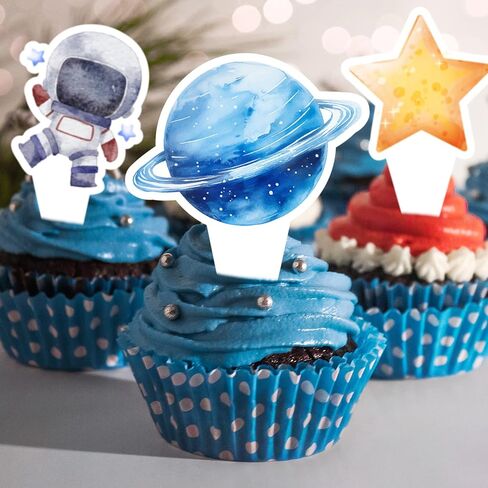 27pcs Space Space Artherse Cupcake Toppers - Rocket Planet Trip to the Moon Cupcake تختار الزخارف ، استحمام الطفل الفتاة ، عيد ميلاد الفضاء الخارجي لحفل الديكور ، اللوازم （Pink） in Kuwait