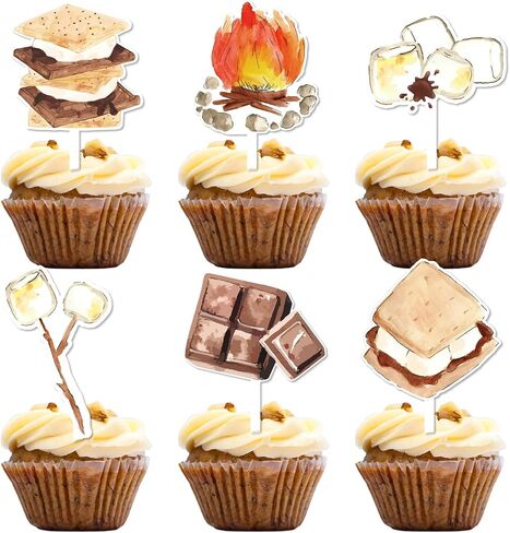 Jollyboom 24Pcs Smore Party Decoration Cupcake Topper, S’more Birthday Cupcake Topper Double-sided Printing Campfire Cupcake Topper for Boys Girls S’more Theme Camping Birthday Party Baby Shower Party in Saudi Arabia