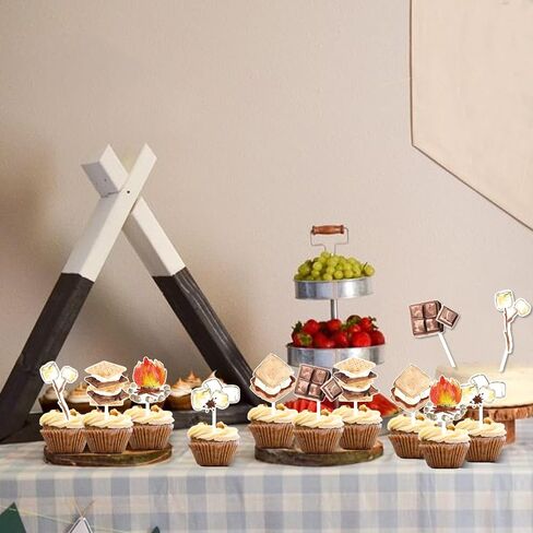 Jollyboom 24Pcs Smore Party Decoration Cupcake Topper, S’more Birthday Cupcake Topper Double-sided Printing Campfire Cupcake Topper for Boys Girls S’more Theme Camping Birthday Party Baby Shower Party in Saudi Arabia