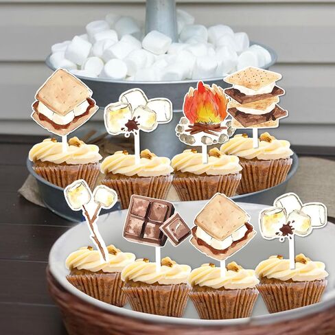 Jollyboom 24Pcs Smore Party Decoration Cupcake Topper, S’more Birthday Cupcake Topper Double-sided Printing Campfire Cupcake Topper for Boys Girls S’more Theme Camping Birthday Party Baby Shower Party in Saudi Arabia