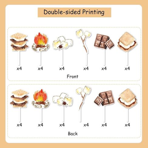 Jollyboom 24Pcs Smore Party Decoration Cupcake Topper, S’more Birthday Cupcake Topper Double-sided Printing Campfire Cupcake Topper for Boys Girls S’more Theme Camping Birthday Party Baby Shower Party in Saudi Arabia