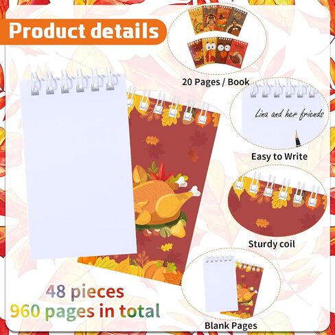 Pasimy 48 Pcs Thanksgiving Notepads Fall Thanksgiving Party Favor Harvest Small Spiral Notebooks Turkey Pumpkin Leaves Memo Pad for Thanksgiving Autumn Birthday Baby Shower Party Supplies(Cartoon) in Saudi Arabia