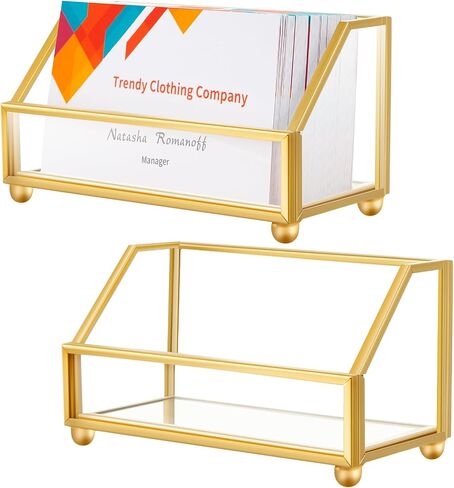 Leinuosen 2 Pcs Gold Glass Business Card Holder Metal Frame Desktop Name Card Display Storage Holder Stand Organizer Storage for Office Desktop Fits 80-100 Business Cards in Saudi Arabia
