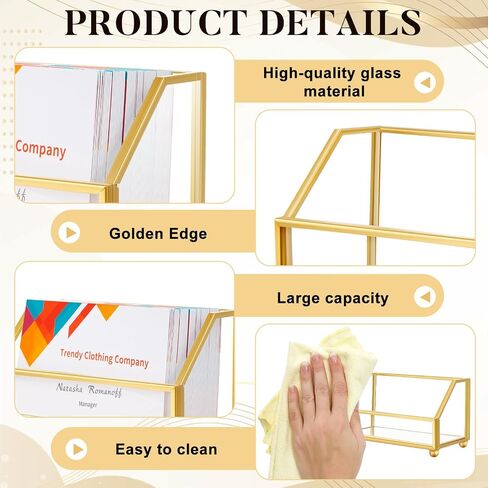 Leinuosen 2 Pcs Gold Glass Business Card Holder Metal Frame Desktop Name Card Display Storage Holder Stand Organizer Storage for Office Desktop Fits 80-100 Business Cards in Saudi Arabia