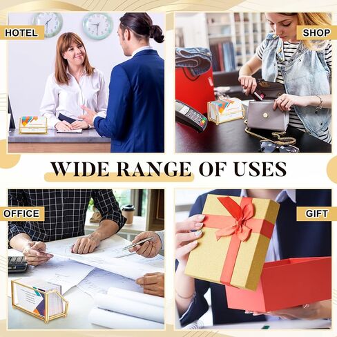 Leinuosen 2 Pcs Gold Glass Business Card Holder Metal Frame Desktop Name Card Display Storage Holder Stand Organizer Storage for Office Desktop Fits 80-100 Business Cards in Saudi Arabia