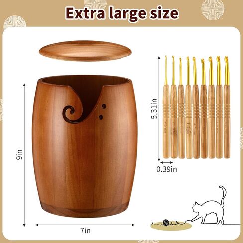 GIEGXIN وعاء خيوط خشب خشبي كبير مع غطاء 7 X7 x9 خيوط لتخزين صوف الصنوبر الحرفية مع 9 أجزاء من السنانير الكروشيه المصنوعة يدويًا الكروشيه. in Saudi Arabia