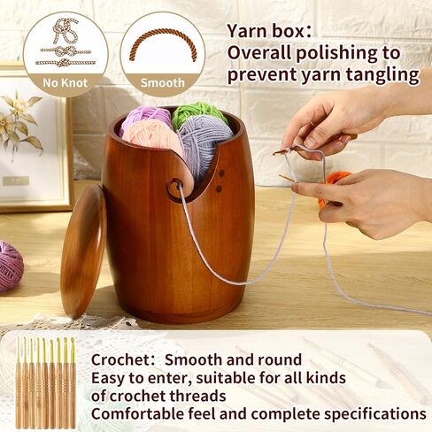 GIEGXIN وعاء خيوط خشب خشبي كبير مع غطاء 7 X7 x9 خيوط لتخزين صوف الصنوبر الحرفية مع 9 أجزاء من السنانير الكروشيه المصنوعة يدويًا الكروشيه. in Saudi Arabia