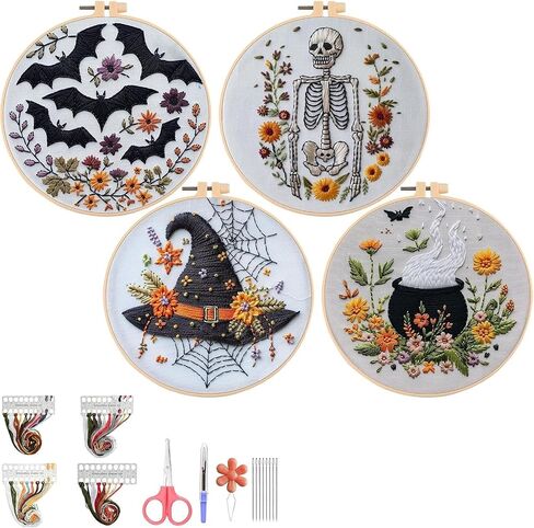 4 Set Halloween Embroidery Kit, Halloween Crafts for Adults, DIY Cross Stitch Craft Kit, with Needles and Thread Included (# A) in Saudi Arabia