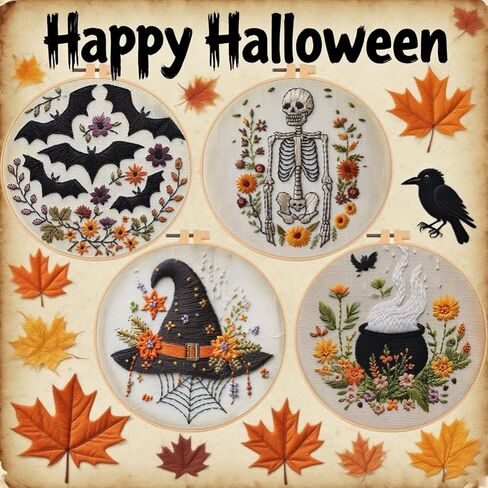 4 Set Halloween Embroidery Kit, Halloween Crafts for Adults, DIY Cross Stitch Craft Kit, with Needles and Thread Included (# A) in Saudi Arabia