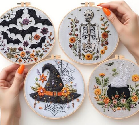 4 Set Halloween Embroidery Kit, Halloween Crafts for Adults, DIY Cross Stitch Craft Kit, with Needles and Thread Included (# A) in Saudi Arabia