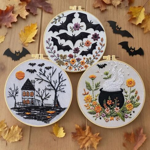 4 Set Halloween Embroidery Kit, Halloween Crafts for Adults, DIY Cross Stitch Craft Kit, with Needles and Thread Included (# A) in Saudi Arabia