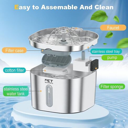 Stainless Steel Cat Water Fountain – 2.2L/74oz Ultra-Quiet Pump, Visible Water Level, Dual Flow Modes – Automatic Pet Water Dispenser for Cats & Small Dogs in Saudi Arabia
