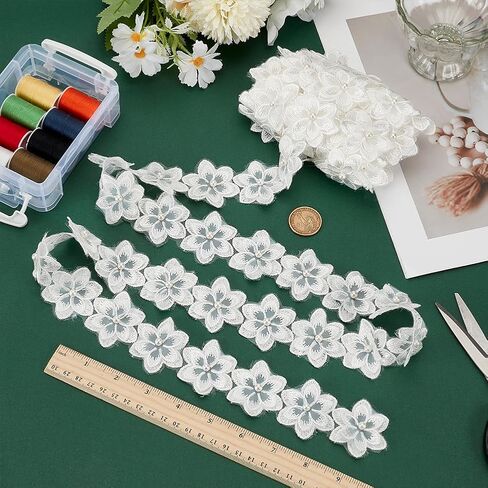 MAYJOYDIY 3.8Yards Gold 3D Flower Lace Trim Ribbon 1.8inch Pearl Embroidered Organza Lace Ribbon Fabric Trimmings for Dress Party Clothes Decoration DIY Sewing Craft in Saudi Arabia