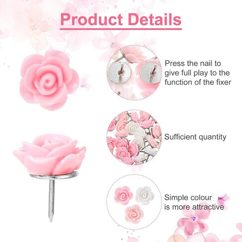40pcs دبابيس دفع زهرة ، روز إبهام اللطيف اللطيف الوردي thumbtacks للوحة الفلين دبابيس الدفع الزخرفية لصور لوحة النشرة على الجدار مكاتب الجدار in Saudi Arabia