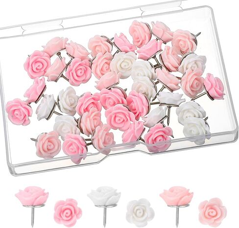 40pcs دبابيس دفع زهرة ، روز إبهام اللطيف اللطيف الوردي thumbtacks للوحة الفلين دبابيس الدفع الزخرفية لصور لوحة النشرة على الجدار مكاتب الجدار in Saudi Arabia