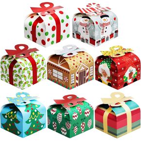 JOYIN 24 PCS 3D Christmas Goody Gift Boxes with Bow for Holiday Xmas Goodie Paper Boxes, School Classroom Party Favor Supply, 6" x 6" x 5.5" 8 Designs Candy Treat Cardboard Cookie Box for Gift Giving in Saudi Arabia