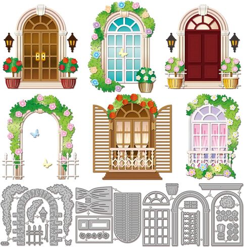 GLOBLELAND Flower Arch Door Cutting Dies Window Metal Die Cuts Brick Wall Cutting Embossing Templates for Scrapbooking Crafts Paper Cards Making in Kuwait