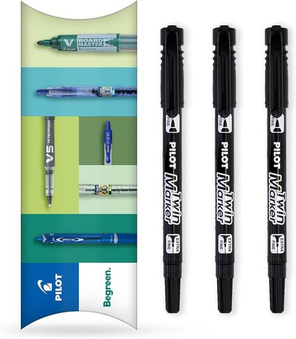 Pilot Twin Marker Pen - Permanent 2-in1 Markers - Fine & Extra Fine Dual Tips - 76% Recycled Begreen Range (Black, 3 Pack) in Saudi Arabia